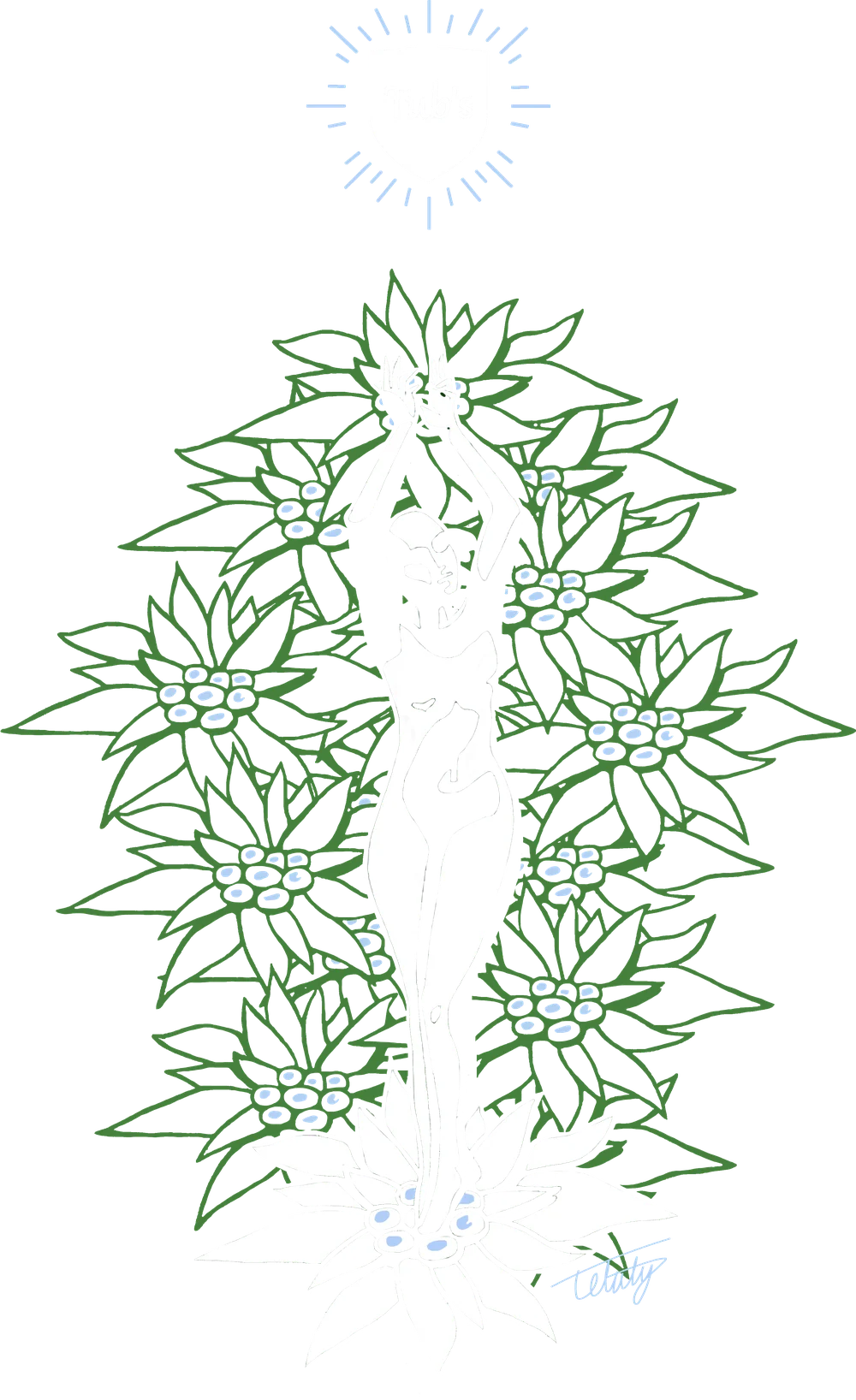 Tub's Audio — a figure reaching upward amid edelweiss flowers beneath a radiant Tub's emblem.